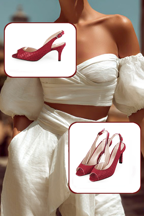 Dress heels peep-toe slingback in cardinal red leather with high slim heels and square toe - Worn view